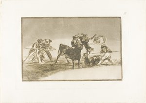 Die Mauren benutzen Esel als Barriere, um sich gegen den Stier zu verteidigen, dessen Hörner mit Kugeln versehen sind, Tafel 17 aus Die Kunst des Stierkampfs