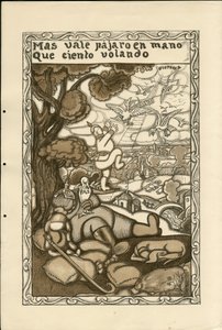 Illustration von Francisco Sancha Lengo (1874-1936) - Flugblatt, ca. 1915 - Mas vale pajaro en mano que ciento volando - Krieg von 14-18, Deutschland Preußen, Kriegsteilnehmer und Symbole, Sieg, Frieden, Spanische Sprache, Ausländische Presse von Francisco Sancha y Lengo