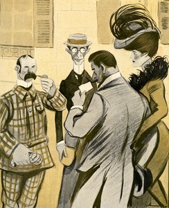 Zwei Engländer fragen ein glamouröses französisches Paar unbeholfen nach dem Weg in schlechtem Französisch, 1903