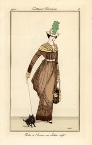 Frau im Panierkleid aus kaffeefarbenem Satin mit Schoßhund, Radierung aus Tommaso Antonginis Journal des Dames et des Modes, Aux Bureaux du Journal des Dames, Paris von Francesc Xavier Gosé