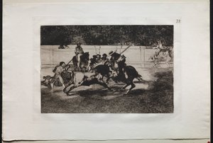 Stierkämpfe: Der kraftvolle Rendon sticht einen Stier mit der Pique, aus dem Pass starb er..., 1876 von Francisco de Goya