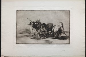 Stierkämpfe: Die Mauren siedelten sich in Spanien an, gaben die Aberglauben des Korans auf, übernahmen diese Jagdkunst und spießten einen Stier auf freiem Feld auf von Francisco de Goya