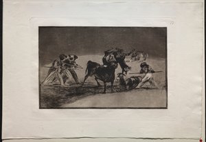 Stierkämpfe: Die Mauren benutzen Esel als Barriere, um sich gegen den Stier zu verteidigen, dessen Hörner mit Kugeln versehen sind von Francisco de Goya