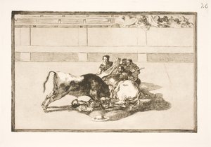 Ein Picador wird vom Pferd geworfen und stürzt unter den Stier von Francisco de Goya