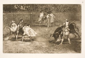 Ein Stierkämpfer, auf den Schultern eines Helfers sitzend, sticht einen Stier von Francisco de Goya