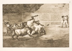 Pferd wird von einem Stier zu Boden geworfen von Francisco de Goya