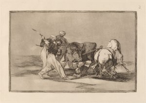 Die Mauren, die sich in Spanien niederließen, gaben die Aberglauben ihres Korans auf, übernahmen diese Jagdkunst und spießen einen Stier auf dem Feld auf von Francisco de Goya