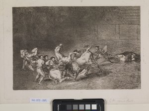 Zwei Picadores werden nacheinander von einem einzigen Stier umgeworfen von Francisco de Goya
