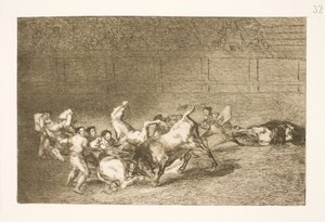 Zwei Picadores werden nacheinander von einem einzigen Stier umgeworfen von Francisco de Goya