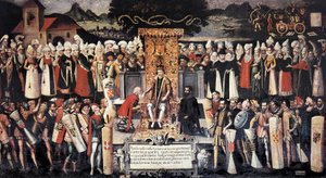 Zeremonie des Handkusses nach der Erklärung der Privilegien durch König Ferdinand den Katholischen (1452-1516). Gemälde von Francisco de Mendieta Y Retes (16. Jahrhundert). Spanien, Guernica. Haus der Juntas. von Francisco de Mendieta y Retes