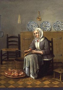 Eine sitzende Frau, die Essen in einer Küche zubereitet von Franciscus Carree