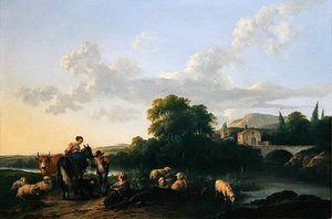 Bauern und Vieh in einer italienischen Landschaft von Franciscus Xaverius Xaverij