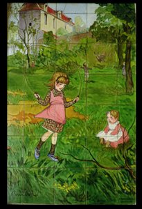 Fliesen mit spielenden Kindern im Garten