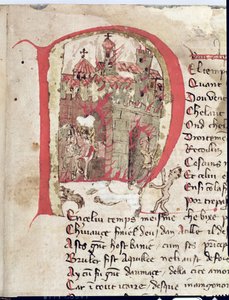 Historiierte Initiale, die Attila den Hunnen (ca. 406-453) zeigt, wie er die Stadt Aquila niederbrennt, aus Der Krieg von Attila von Nicola da Casola