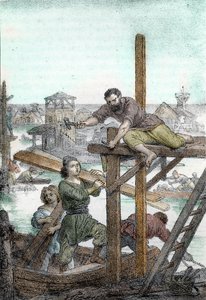Gründung von Venedig durch die von den Hunnen Attilas vertriebenen Flüchtlinge, 5. Jahrhundert, Zeichnung aus 