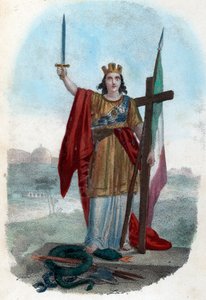 Risorgimento: Allegorische Darstellung des triumphierenden Italiens, das auf der Schlange der korrupten Kirche steht und ein Schwert mit einem Kreuz und einer Fahne erhebt, Symbole des politischen, religiösen und zivilen Risorgimento. Frontispiz aus „I mis
