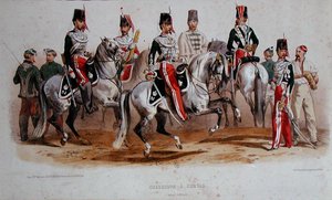 Französische Kavalleristen zur Zeit des Zweiten Kaiserreichs (Farblithografie) von Francois Hippolyte (after) Lalaisse