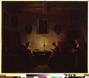 Interieur. Szene in einem Kloster, ein Mädchen liest bei Kerzenlicht, zwei Nonnen sind im Raum.