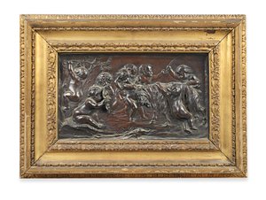 Rechteckiges Bronze-Relief von bacchantischen Kindern, die mit einer Ziege spielen