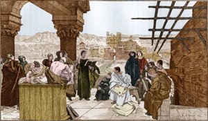 Pierre Abélard (1079-1142), französischer Philosoph und Theologe und seine Schule auf dem Sainte-Geneviève-Berg. Nach dem Fresko von François Flameng.