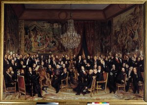 Abend im Louvre mit dem Grafen von Nieuwerkerke. Unter den Anwesenden: Francois Marcellin Certain de Canrobert (1809-1895), Eugene Delacroix (1798-1863), Camille Doucet (1812-1895), Jacques Fromental Levy, genannt Halevy (1799-1862), Baron Georges Haussman von François Auguste Biard