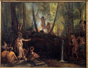 Die Herstellung von Curare im brasilianischen Wald. Extraktion von Curare, einer Substanz, die aus den Lianen der Amazonasbäume gewonnen wird und Lähmungen verursacht