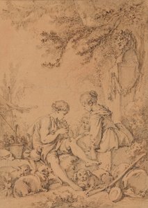 Ein junger Schäfer spielt Flöte für zwei junge Schäferinnen von François Boucher