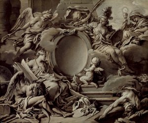 Entwurf für ein Kartusche: Eine Allegorie von Minerva, Ruhm, Geschichte und Glaube, die Unwissenheit und Zeit überwinden von François Boucher