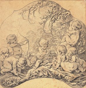 Putti in einer Landschaft, die Pfeile schießen und einen Käfig öffnen, eine Jagdtrophäe im Vordergrund von François Boucher