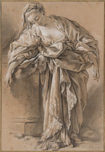 Studie einer drapierten Frau, die sich auf ein Podest lehnt von François Boucher