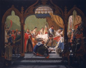 Henri IV (1553-1610) erhält die Attribute der Monarchie vom sterbenden Henri III (1551-1589) 1814