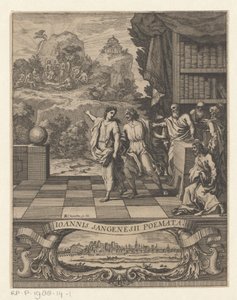 Allegorische Frauenfigur weist jungen Mann auf den Berg Parnassus hin (Titelseite für: Jean de Saint-Genies, Ioannis Sangenesii Poëmata, 1654) von Francois Chauveau