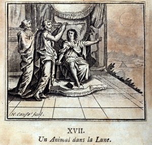 Ein Tier im Mond. Fabeln von Jean de La Fontaine. Illustration von François Chauveau. Ausgabe von 1728. von Francois Chauveau