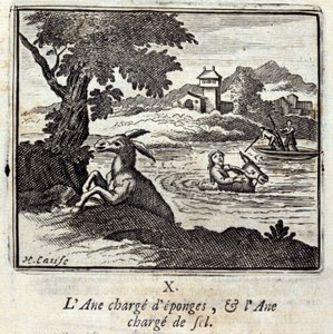 Der Esel beladen mit Schwämmen und der Esel beladen mit Salz. Fabeln von Jean de La Fontaine. Illustration von François Chauveau. Ausgabe von 1728. von Francois Chauveau