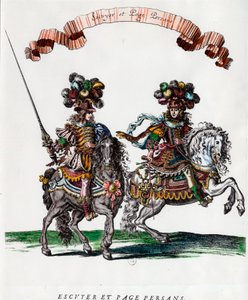 Ecuyer und persische Seite während des Karussells von König Ludwig XIV. Gravur von Francois Chauveau um 1662. Private Sammlung