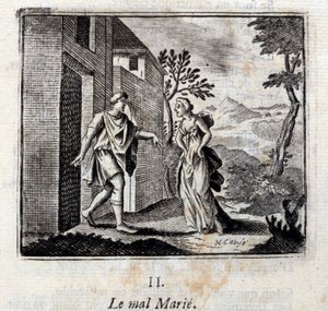 Das Böse heiratet. Fabeln von Jean de La Fontaine (1621-95). Illustration von François Chauveau (1613-1676). Ausgabe von 1728