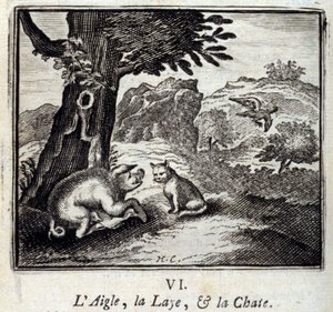 Der Adler, die Sau und die Katze. Fabeln von Jean de La Fontaine. Illustration von François Chauveau. Ausgabe von 1728. von Francois Chauveau