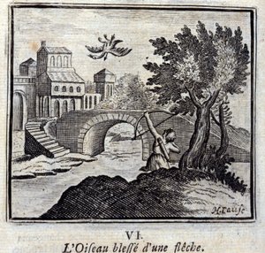 Der Vogel, der von einem Pfeil getroffen wurde. Fabeln von Jean de La Fontaine. Illustration von François Chauveau. Ausgabe von 1728. von Francois Chauveau