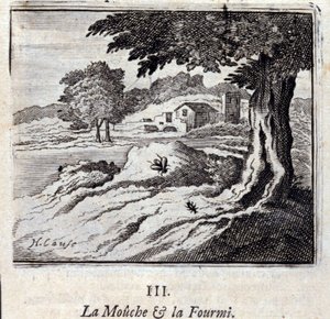 Die Fliege und die Ameise. Fabeln von Jean de La Fontaine. Illustration von François Chauveau. Ausgabe von 1728. von Francois Chauveau