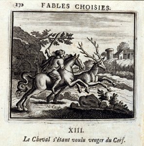 Das Pferd wollte Rache am Hirsch. Fabeln von Jean de La Fontaine. Illustration von François Chauveau. Ausgabe von 1728. von Francois Chauveau