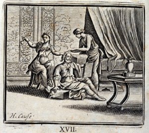 Der Mann zwischen zwei Altern und seine zwei Geliebten. Fabeln von Jean de La Fontaine. Illustration von François Chauveau. Ausgabe von 1728.