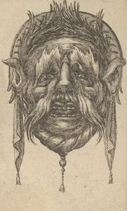 Maske mit langen Augenbrauen und Schnurrbart und einem Kopfschmuck mit baumelndem Tuch, aus Dive..., ca. 1635-45