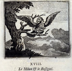 Milan und die Nachtigall. Fabeln von Jean de La Fontaine. Illustration von François Chauveau. Ausgabe von 1728. von Francois Chauveau