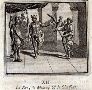 Milan der König und der Jäger. Fabeln von Jean de La Fontaine. Illustration von François Chauveau. Ausgabe von 1728 von Francois Chauveau