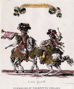 Persischer Trommler und Trompeter während des Karussells von König Ludwig XIV. (1639-1715). Stich von Francois Chauveau (1613-1676) um 1662. Private Sammlung
