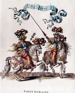 Römische Seiten während des Karussells von König Ludwig XIV. Gravur von Francois Chauveau um 1662. Private Sammlung