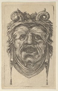 Satyrmaske mit gekräuselten Hörnern, blättrigen Augenbrauen und einem Tuch unter dem Kinn, ca. 1635-45