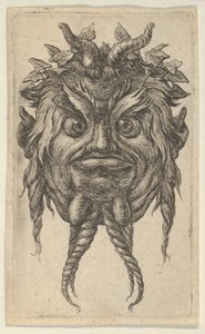 Satyrmaske mit Hörnern und einem verdrehten Bart, der einen Efeukranz trägt, aus Divers Masque..., ca. 1635-45