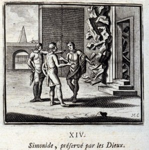 Simonides, von den Göttern bewahrt. Fabeln von Jean de La Fontaine. Illustration von François Chauveau. Ausgabe von 1728. von Francois Chauveau