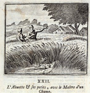 Die Lerche und ihre Jungen mit dem Besitzer eines Feldes. Fabeln von Jean de La Fontaine. Illustration von François Chauveau. Ausgabe von 1728. von Francois Chauveau